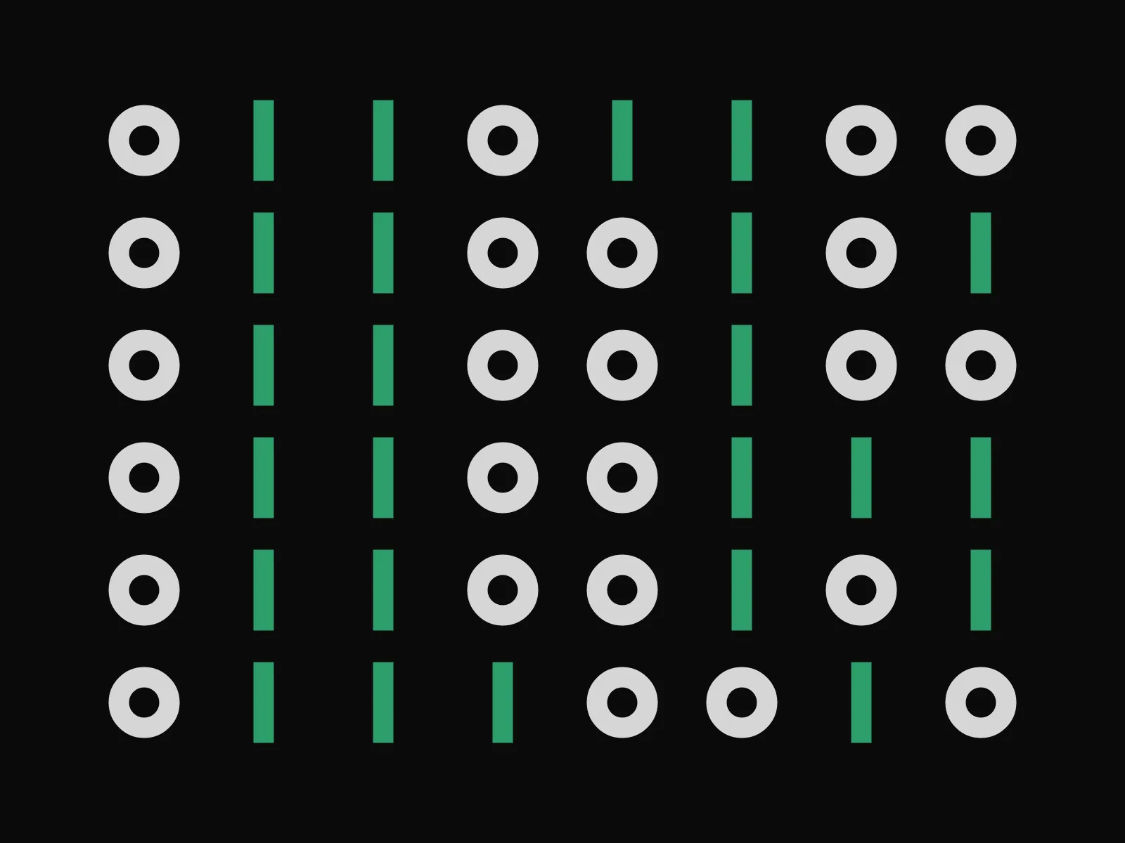 Placeholder artwork for Ledgerline: rows of green bars and pale rings, the studio's binary motif, on a near-black field.