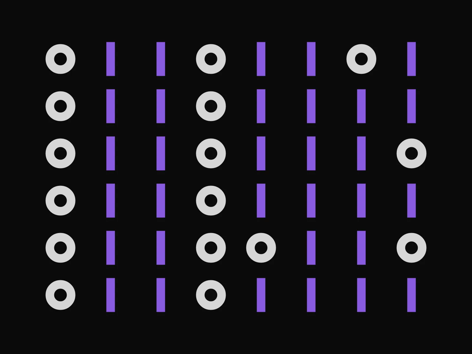 Placeholder artwork for Monoform: rows of violet bars and pale rings, the studio's binary motif, on a near-black field.
