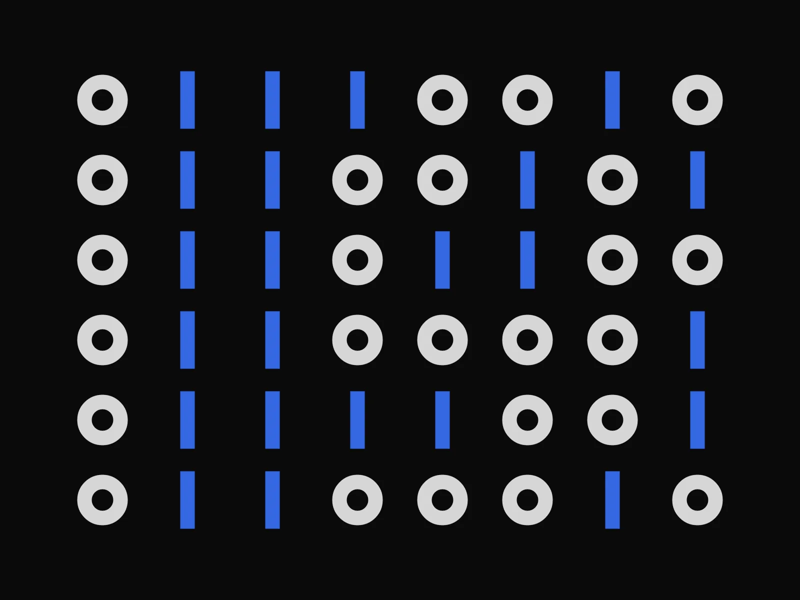 Placeholder artwork for Relayboard: rows of blue bars and pale rings, the studio's binary motif, on a near-black field.